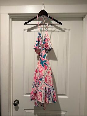SHEIN Pink & Teal Halter Cutout Beach Midi Dress
